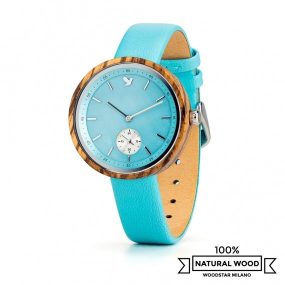 Iris - Wristwatch in wood, turquoise mother-of-pearl and genuine leather